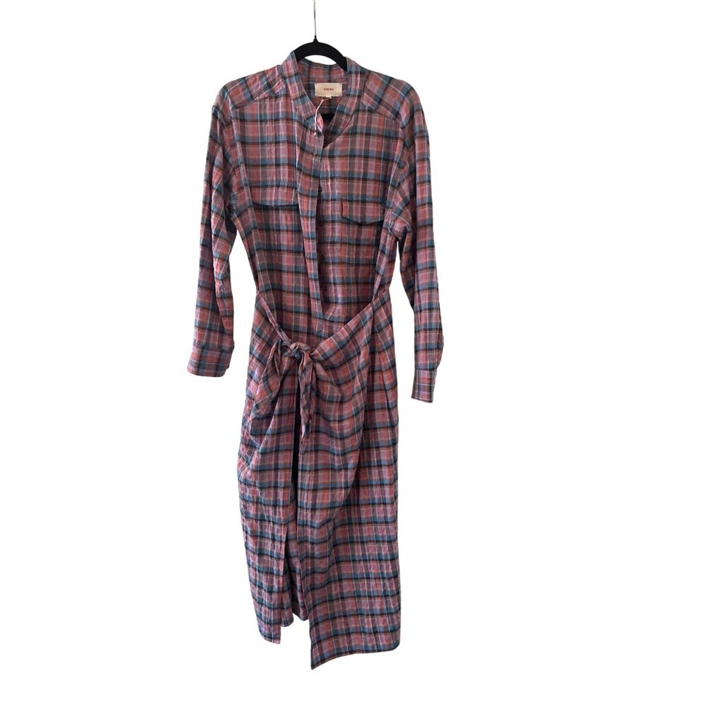 XiRENA Plaid Button-Front Midi Dress With Waist Tie In Pink & Blue Size L